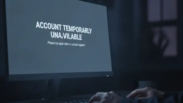 Computer screen displaying 'Account Temporarily Unavailable' message, keyboard blurred.