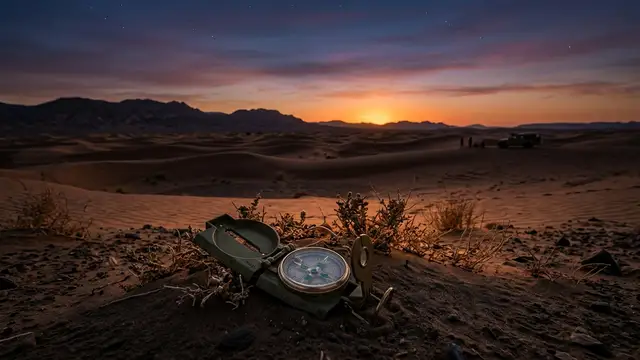Compass on desert sand at dusk, distant blurred military vehicle silhouette.