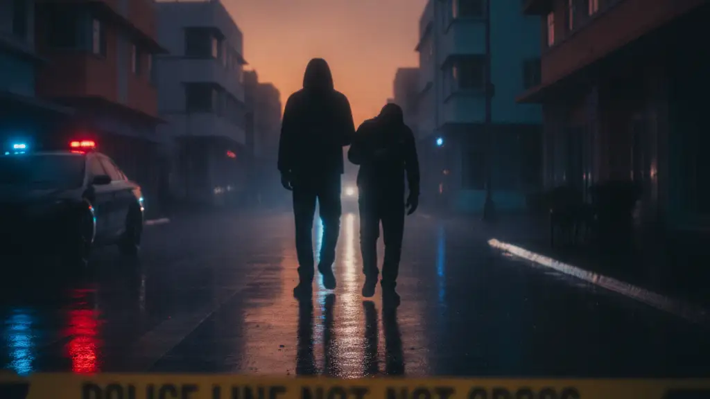 Two blurred silhouettes against Miami architecture with emergency light reflections.