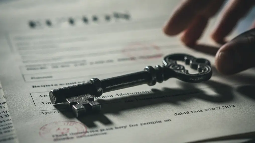 A heavy key rests on official documents, with a blurred hand reaching for it.