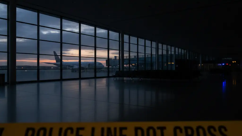 Blurred airport terminal with emergency lights reflecting, 'Police Line' tape in foreground.