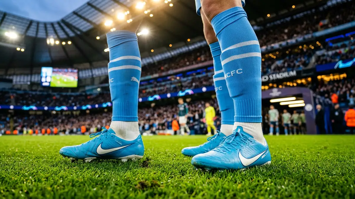 Close-up of football boots on a grass pitch under bright stadium lights at dusk.