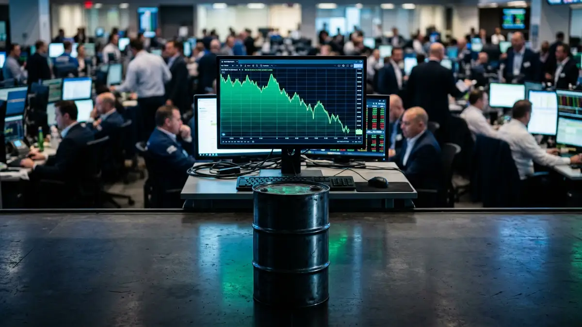 A financial monitor showing a declining oil price chart reflected on a dark surface.