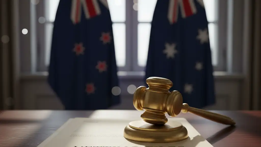 A brass gavel and a folder labeled vetting files on a desk with Commonwealth flags.
