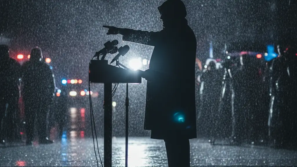 Silhouetted figure at a podium, arm outstretched, addressing a swarm of microphones.