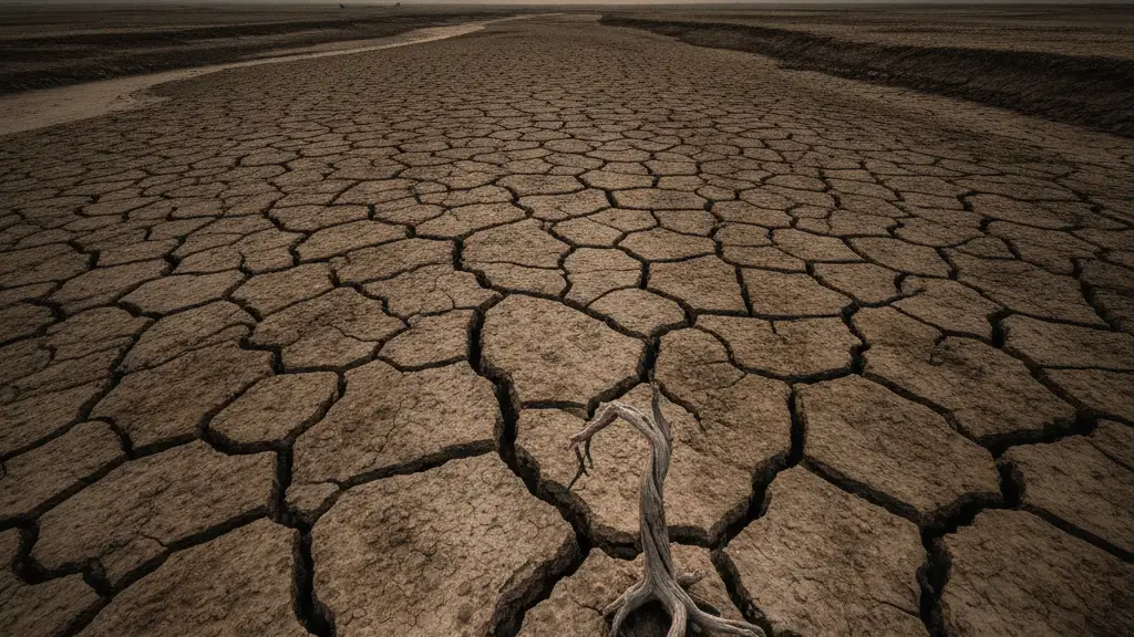 A severely cracked, dry riverbed under a hazy sky, symbolizing drought.