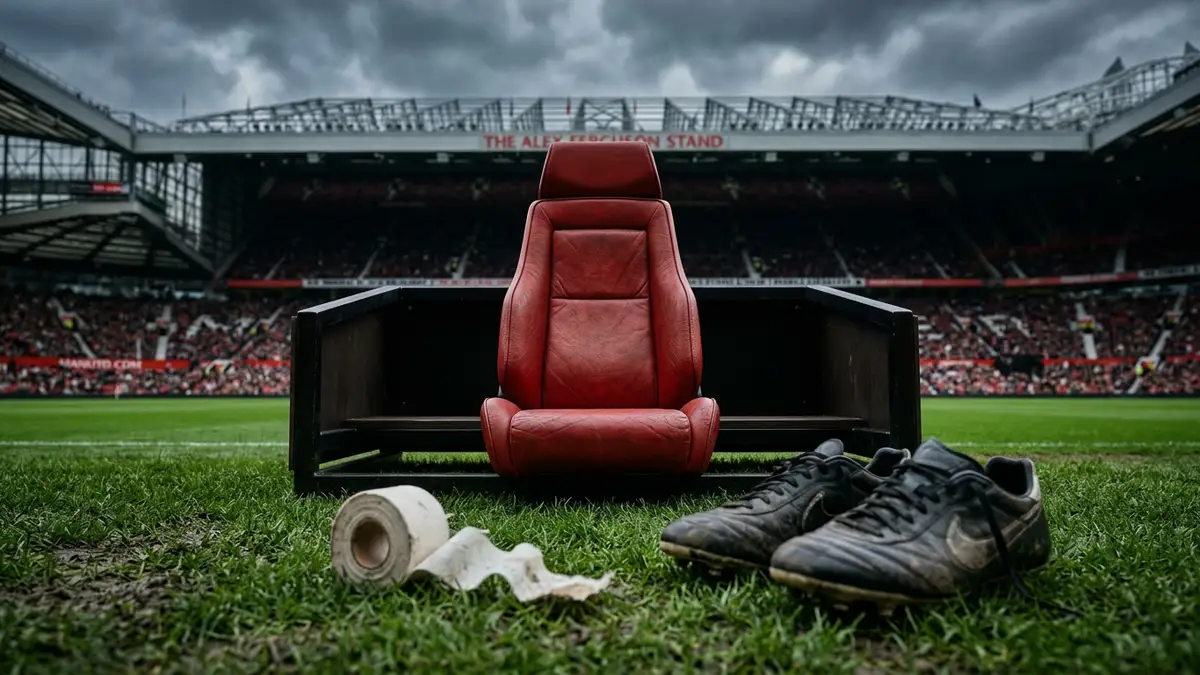 An empty red dugout seat and discarded medical tape on a stadium sideline.