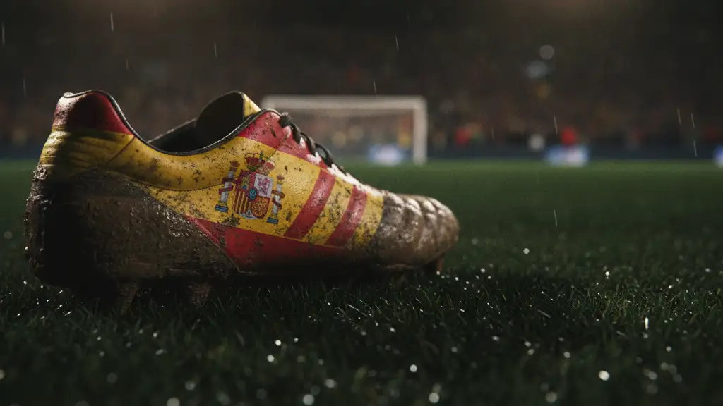A muddy football boot with a Spanish flag on a wet pitch under stadium lights.