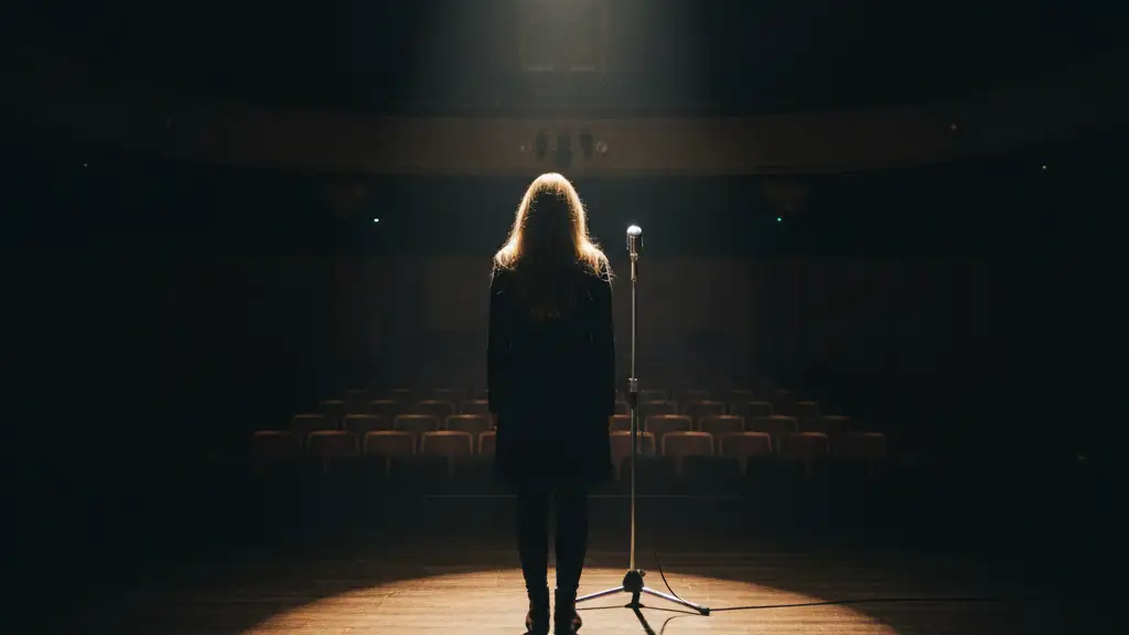 Silhouette of a woman on stage with a microphone stand.