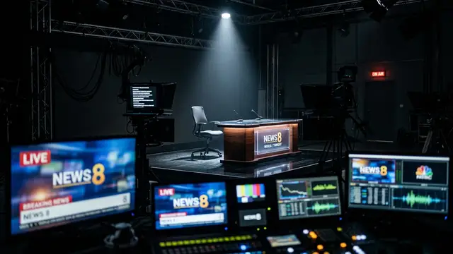 An empty news anchor chair under a spotlight in a dark television studio.