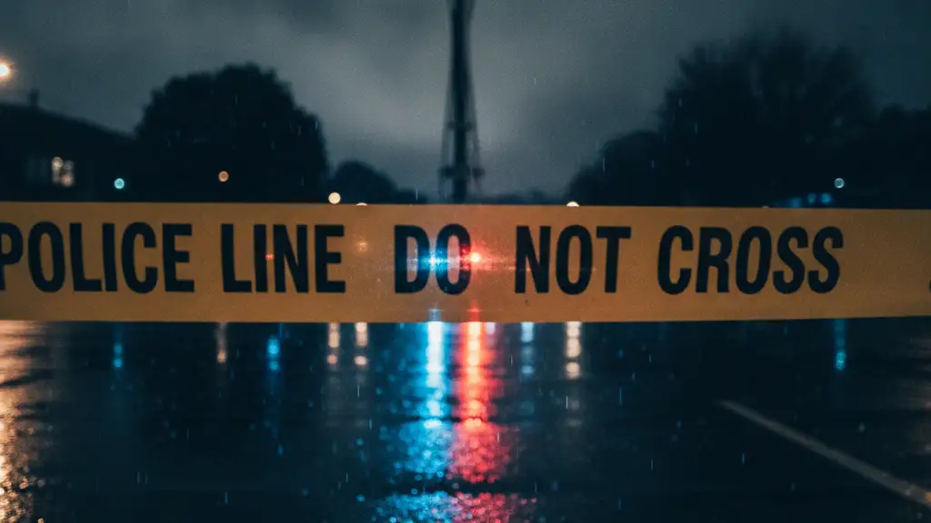 Police tape in foreground, blurred Space Needle and emergency lights in background.