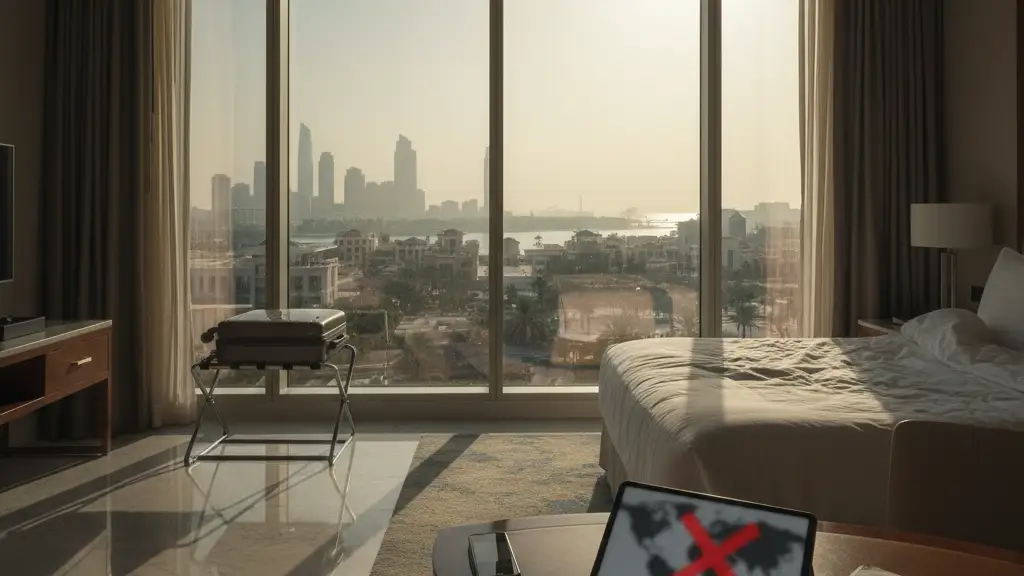 A high-fidelity, photorealistic editorial news image. STRICT RULES: NO human faces, NO identifiable people, NO named likenesses. Use symbolic representation: silhouettes, objects, props, or atmospheric scenes. Focus on environment, textures, and mood rather than people. Subject: Lee Andrews Misses Good Morning Britain Appearance Amid Dubai Travel Ban Claims. Style: 35mm lens, cinematic lighting, 16:9 aspect ratio, no text or borders.