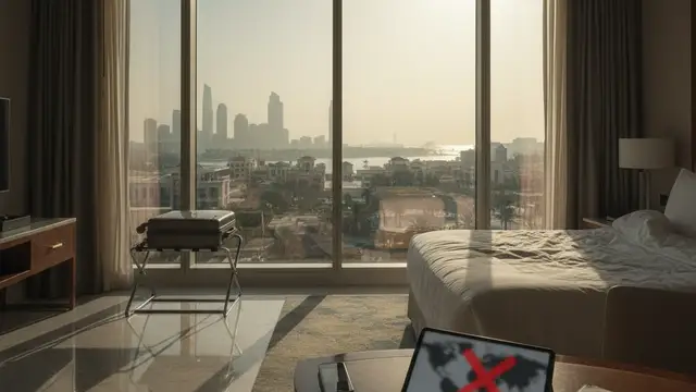 A high-fidelity, photorealistic editorial news image. STRICT RULES: NO human faces, NO identifiable people, NO named likenesses. Use symbolic representation: silhouettes, objects, props, or atmospheric scenes. Focus on environment, textures, and mood rather than people. Subject: Lee Andrews Misses Good Morning Britain Appearance Amid Dubai Travel Ban Claims. Style: 35mm lens, cinematic lighting, 16:9 aspect ratio, no text or borders.