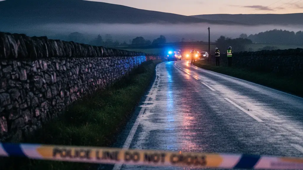 Emergency vehicle lights reflecting on a wet rural road at night behind police cordon tape.