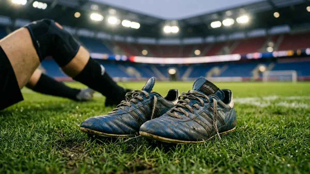 Soccer cleats on grass, blurred knee brace in background, stadium lights.