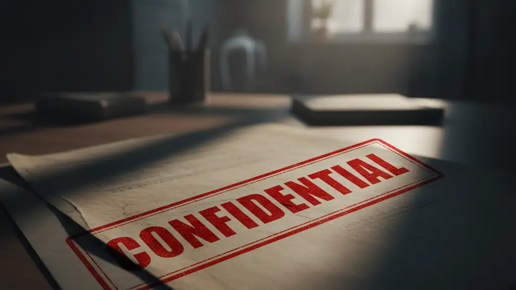 Close-up of a confidential medical file with a red stamp.