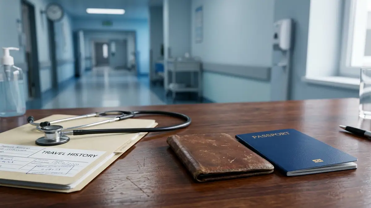 A passport, stethoscope, and medical file folder on a desk in a blurred hospital setting.