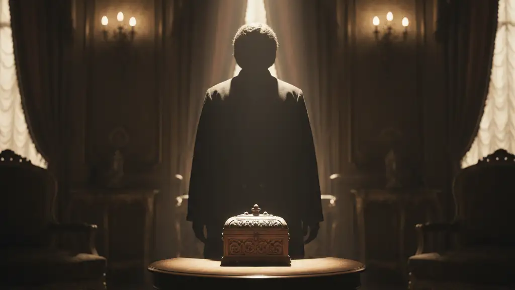 Silhouetted figure in a dark room, spotlight on a mysterious box.