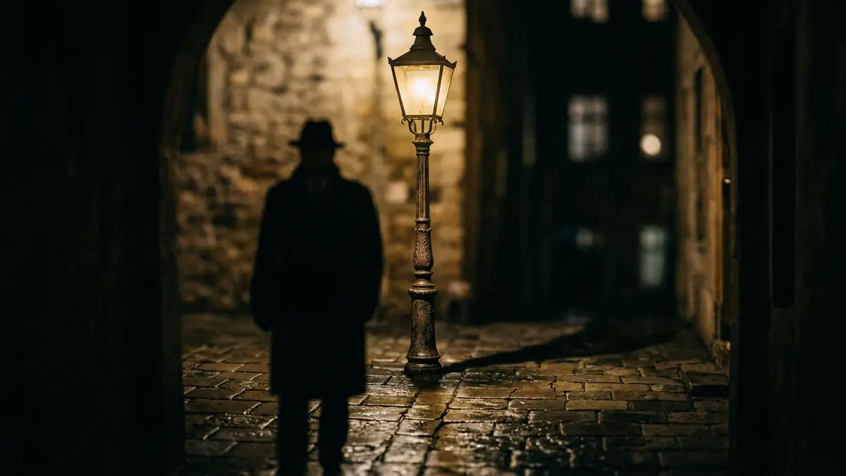 A solitary street lamp casts long shadows on a damp cobblestone street at night.