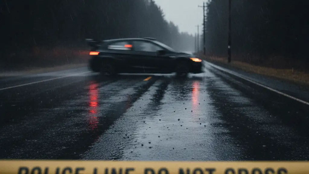 Emergency lights reflect on wet track with police tape, blurred race car in background.