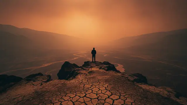 Silhouetted figure on a ridge, hazy orange-red smoke fills the distant valley.