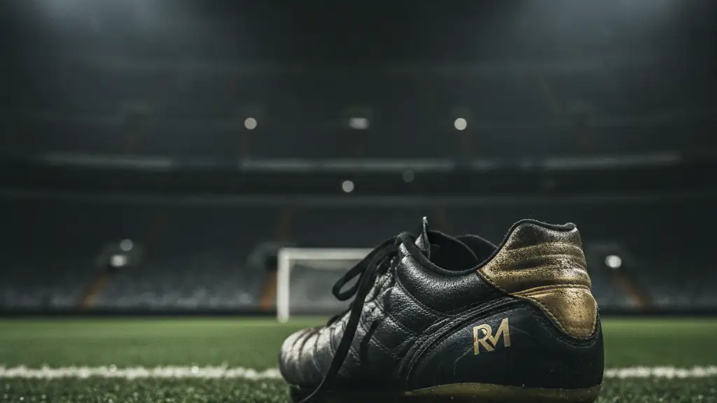 A single, highly detailed football boot resting on a green pitch under stadium lights.