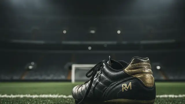 A single, highly detailed football boot resting on a green pitch under stadium lights.