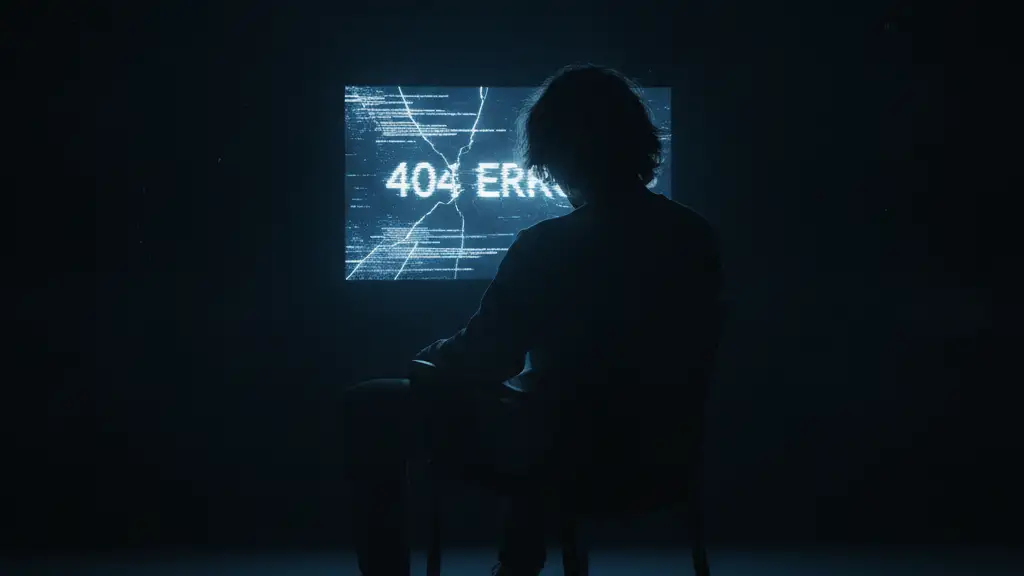 Silhouette of person in front of flickering computer screen with error message.