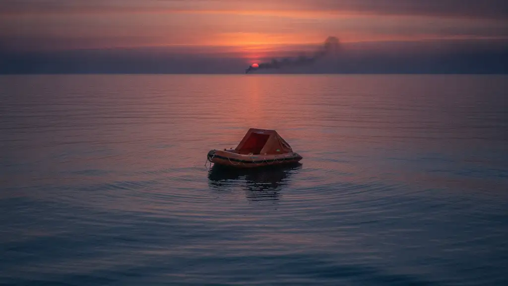 An empty orange life raft floats on the calm Arabian Sea at dawn, with distant smoke.