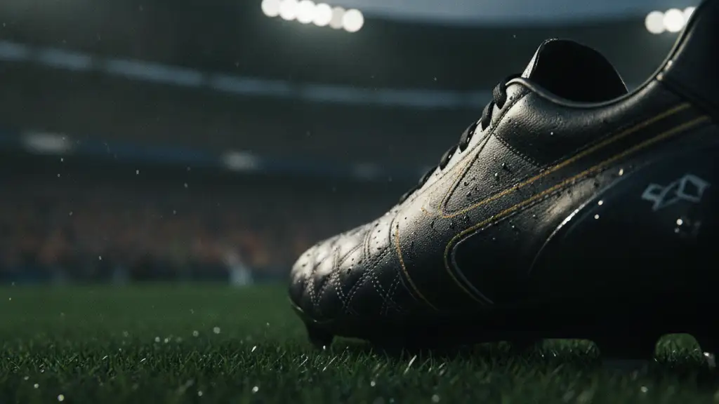 A detailed football boot on a green pitch, stadium lights blurred in background.