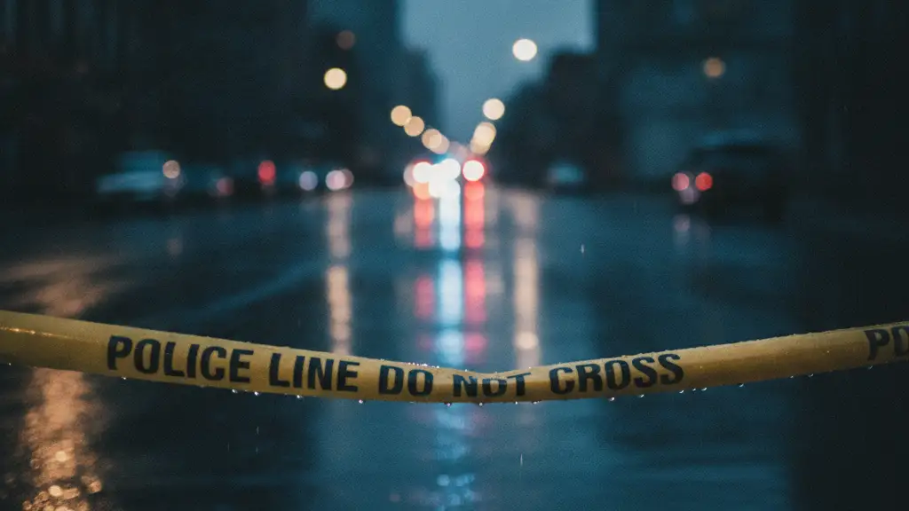 Police tape on a wet street reflecting emergency lights at night.
