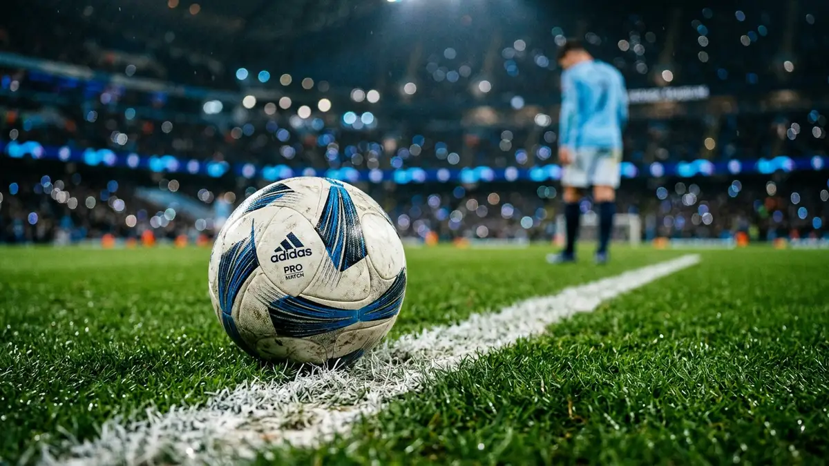 A soccer ball on a white line with a blurred player silhouette in the background.