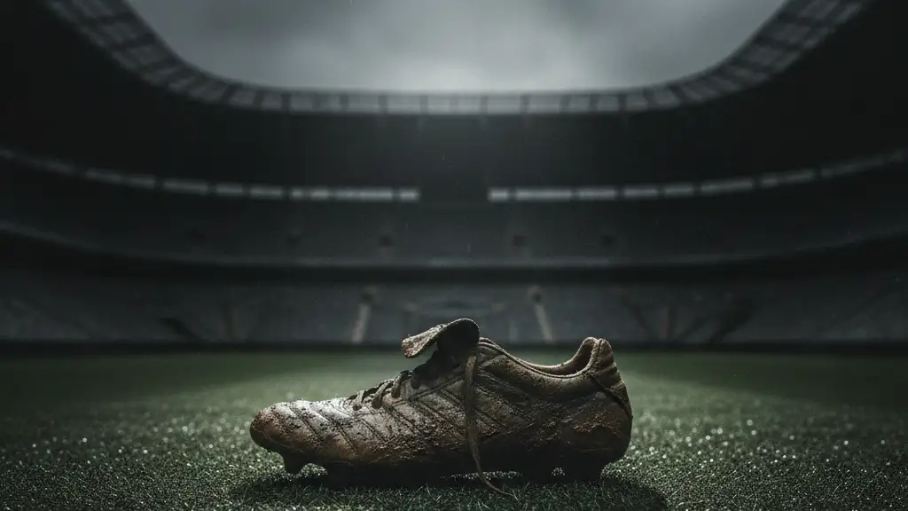 A single, mud-stained football boot on a wet, dark pitch under a stadium light.
