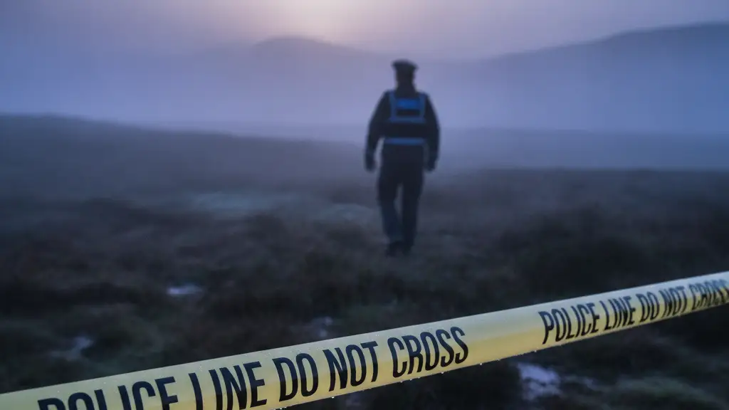Police tape stretches across a misty moorland, with a blurred police figure walking away.