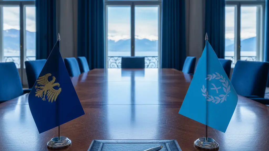A diplomatic table in Geneva with two national flags and a leather folder.