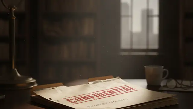 Confidential file folder on a desk, dramatically lit, suggesting a mystery.
