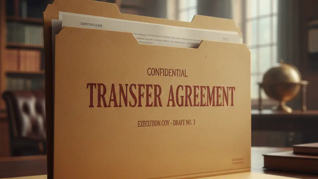 A thick 'TRANSFER AGREEMENT' file folder with a fountain pen on a desk.