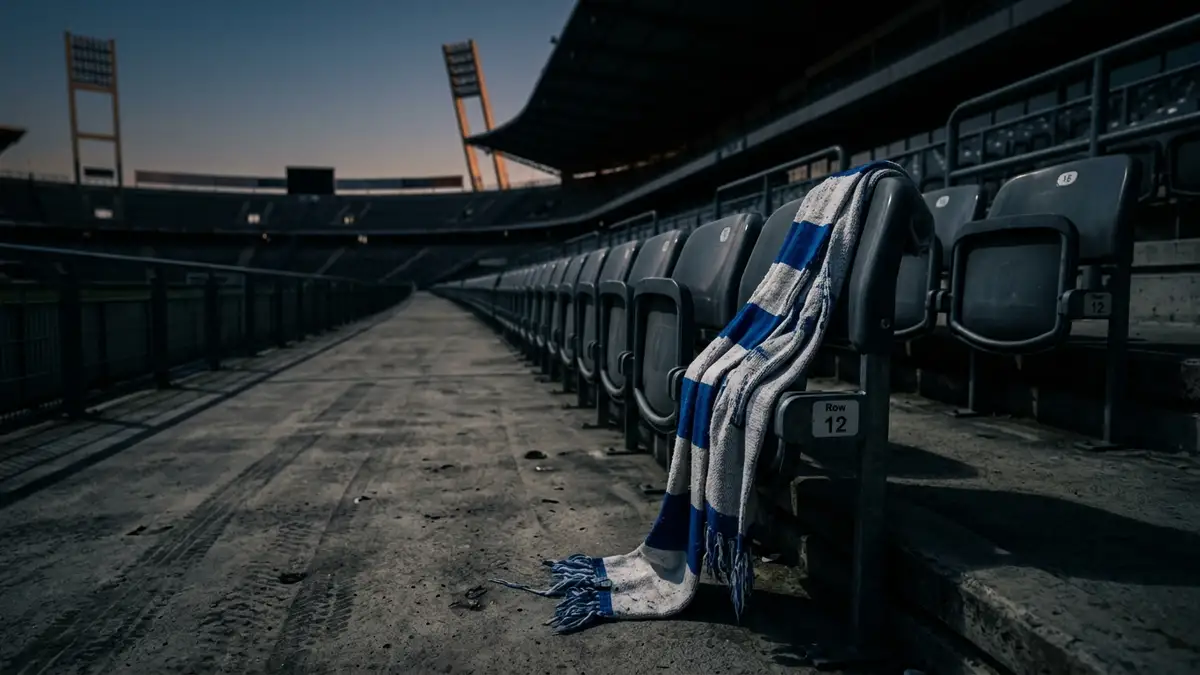 A discarded team scarf lies on an empty stadium seat under dim evening lights.