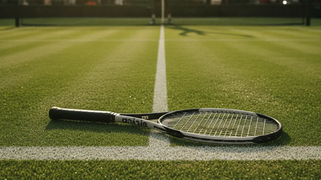 Tennis racket on Wimbledon grass, blurred victorious silhouette, cheering crowd in background.