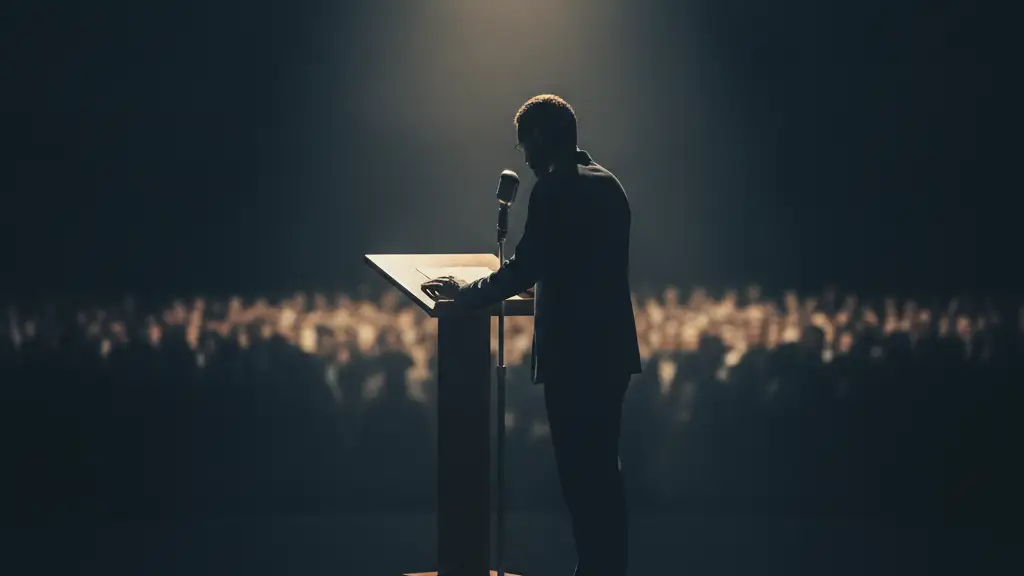 Silhouetted figure at a podium, hands gripping microphone, dramatic spotlight.