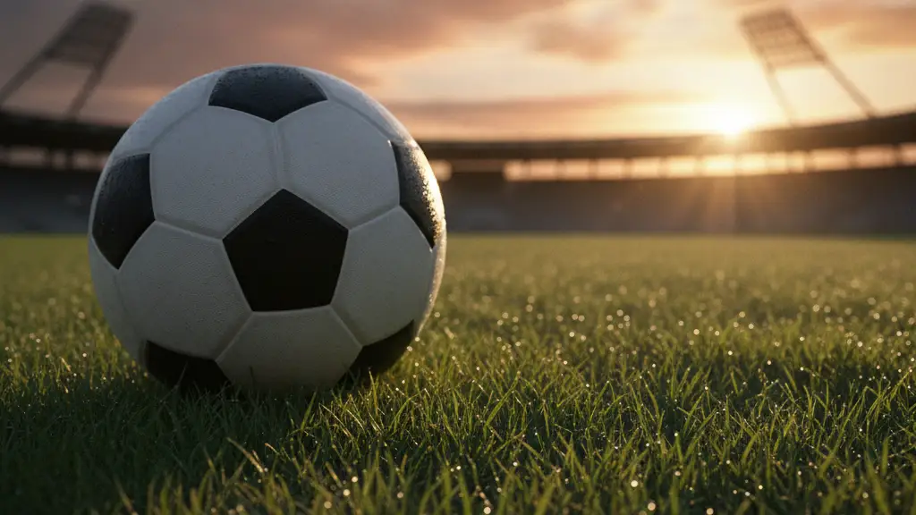 Soccer ball on green grass at dawn, blurred stadium in distance.