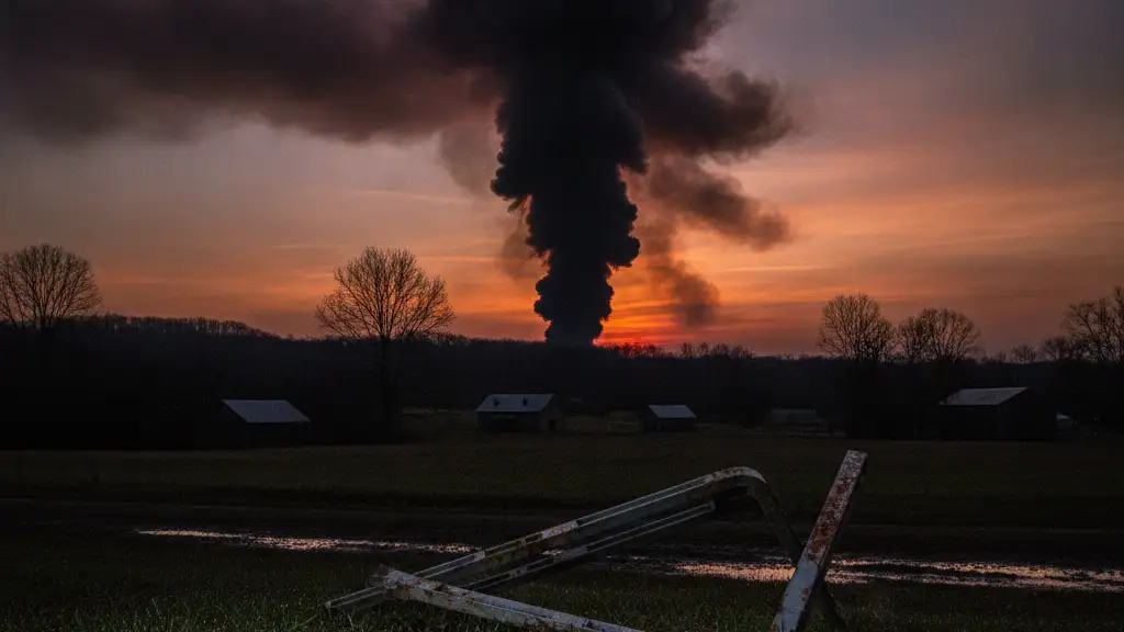 Smoke plume in distance, police tape on ground, rural twilight. No people.