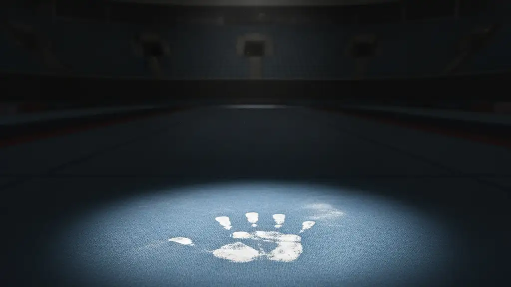 A lone, chalk-dusted handprint on a gymnastics mat under a spotlight.