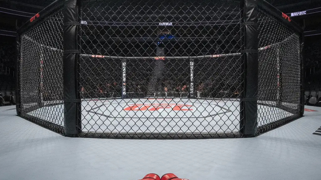 Empty UFC octagon with a pair of red MMA gloves on the canvas under bright lights.
