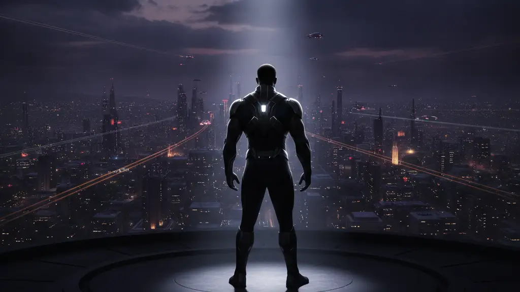 Silhouette of a powerful man in a futuristic suit, back to viewer.