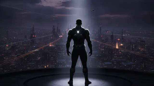 Silhouette of a powerful man in a futuristic suit, back to viewer.
