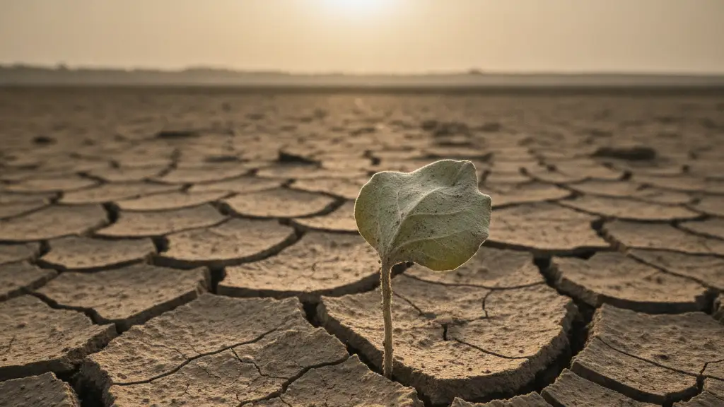 Parched, cracked earth with a wilting leaf under a hazy, hot sun.