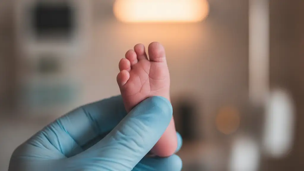 Close-up of a newborn's foot held by a gloved hand, soft focus.