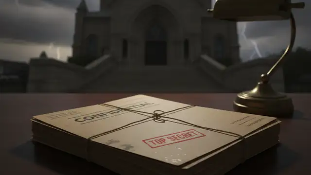 Confidential file on a desk with a courthouse in the background.