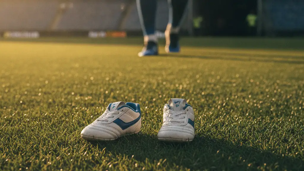 Baby football boots on a pitch, blurred silhouette of a footballer in background.